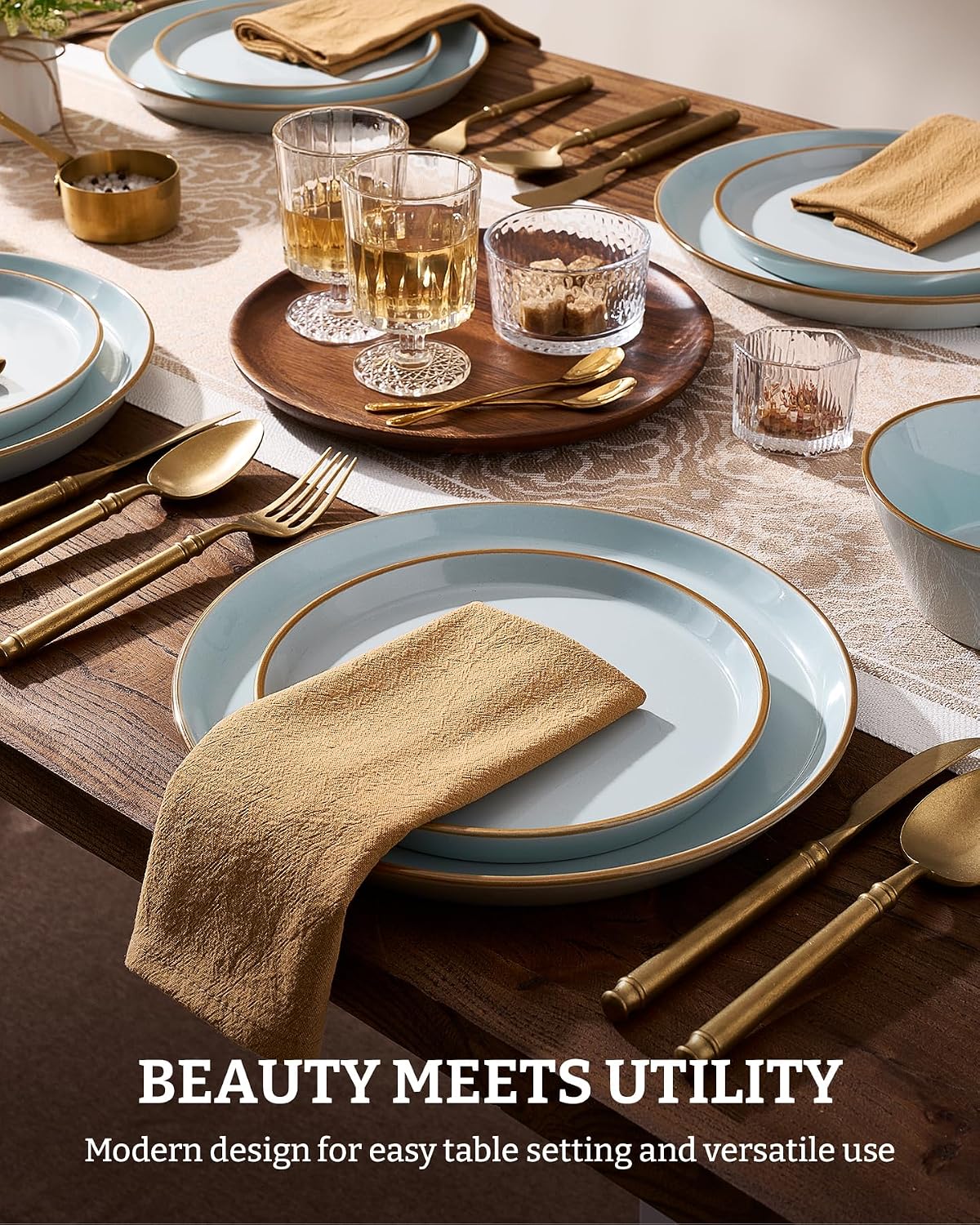 Famiware Saturn Dinnerware Sets, Ceramic Dishes for 4, Rimmed Plates, Bowls | Light Blue, 12-Piece Microwave and Dishwasher Safe Stoneware, Chip & Scratch Resistant, Modern Rustic Tableware, Everyday Use
