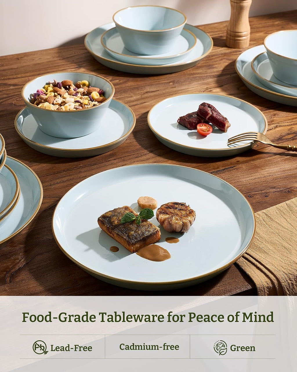 Famiware Saturn Dinnerware Sets, Ceramic Dishes for 4, Rimmed Plates, Bowls | Light Blue, 12-Piece Microwave and Dishwasher Safe Stoneware, Chip & Scratch Resistant, Modern Rustic Tableware, Everyday Use