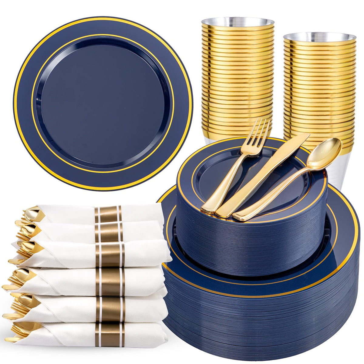 350 Pieces Black and Gold Plastic Plates with Disposable Silverware, Include 50 Dinner Plates 9”, 50 Dessert Plates 6.3”, 50 Black Cups 9 OZ, 50 Pre Rolled Napkins for Wedding/Party/Birthday/Halloween