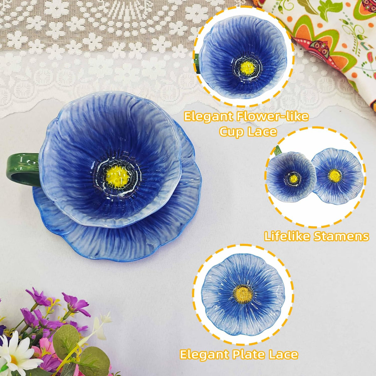 10 oz Tea Cups and Saucers, Ceramic Flower-shaped Cappuccino Cup, Latte Cup and Saucer set, elegant floral Espresso Cup set, Suitable for microwave and dishwasher-Blue