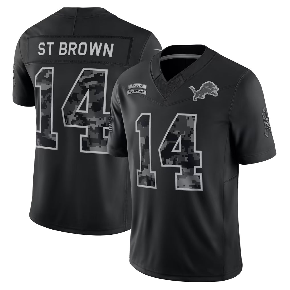 Fenge D.Lions #14 Amon-Ra St.Brown Player Black Limited 2026 Salute to Service Home Game Stitched Jerseys