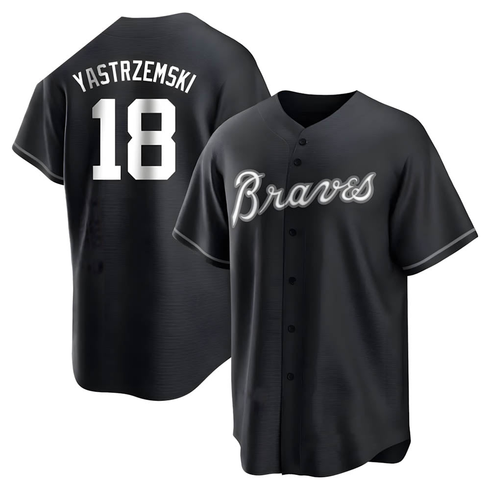 Fenge A.Braves #18 Mike Yastrzemski player Black&White Replica Stitched Jerseys