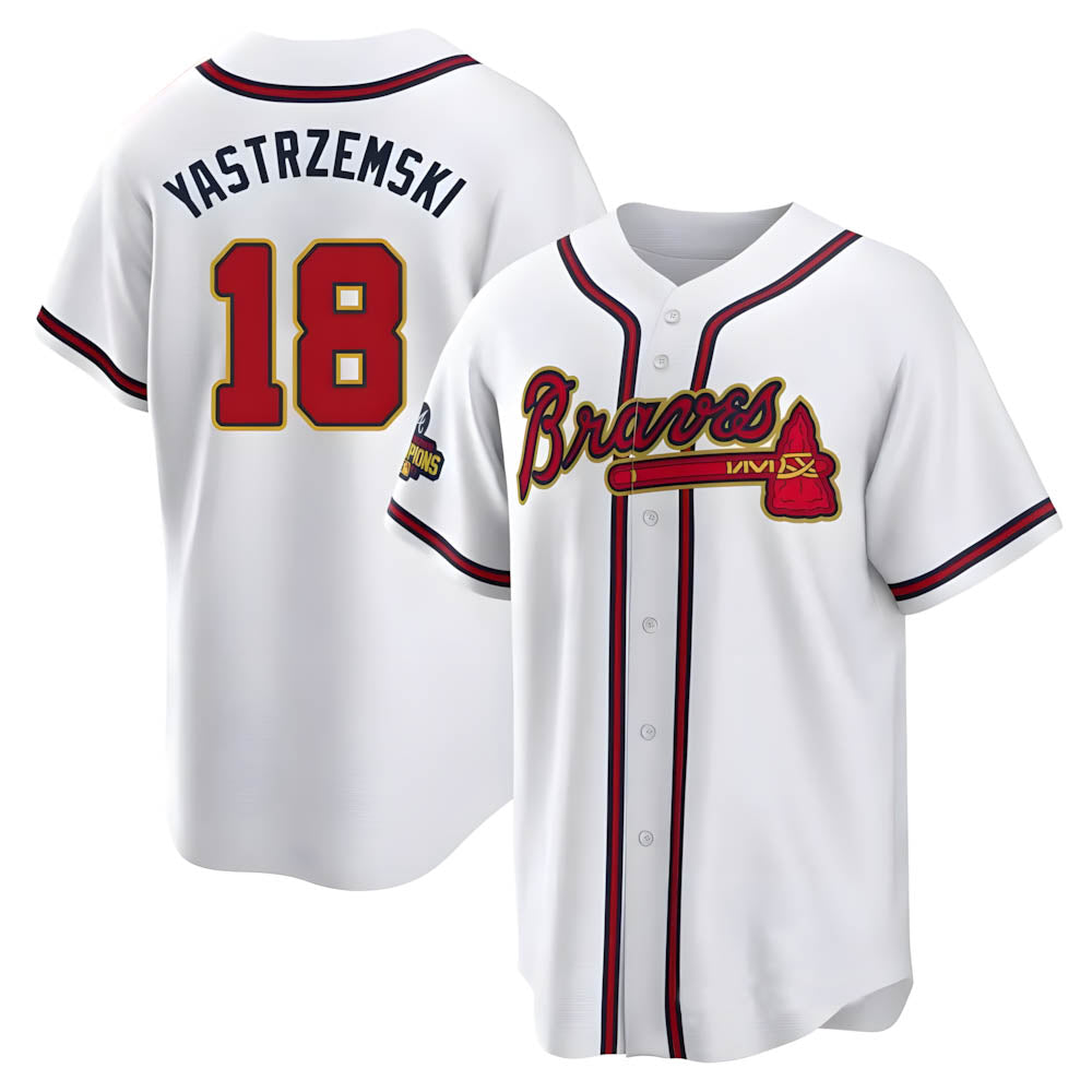 Fenge A.Braves #18 Mike Yastrzemski player Gold Replica White Program Stitched Jerseys