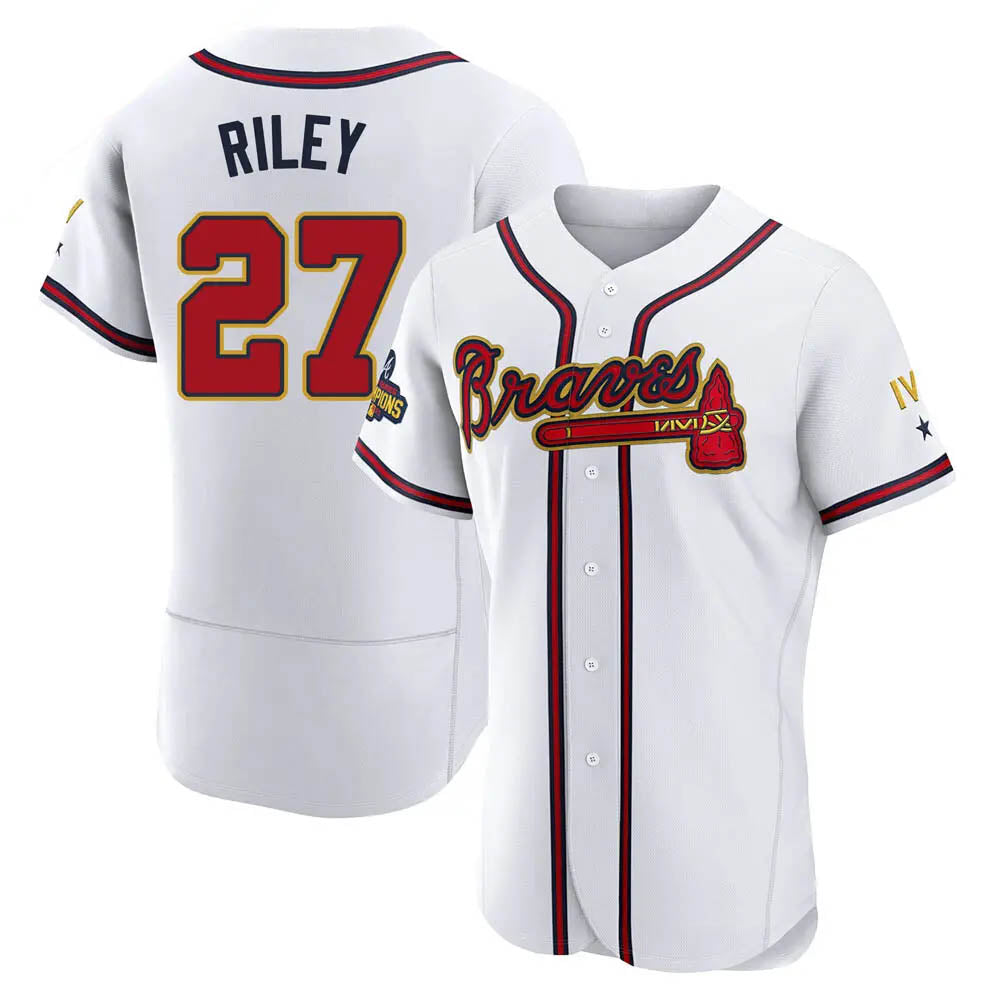 Fenge A.Braves #27 Austin Riley Player White&Gold Authentic Program Stitched Jerseys