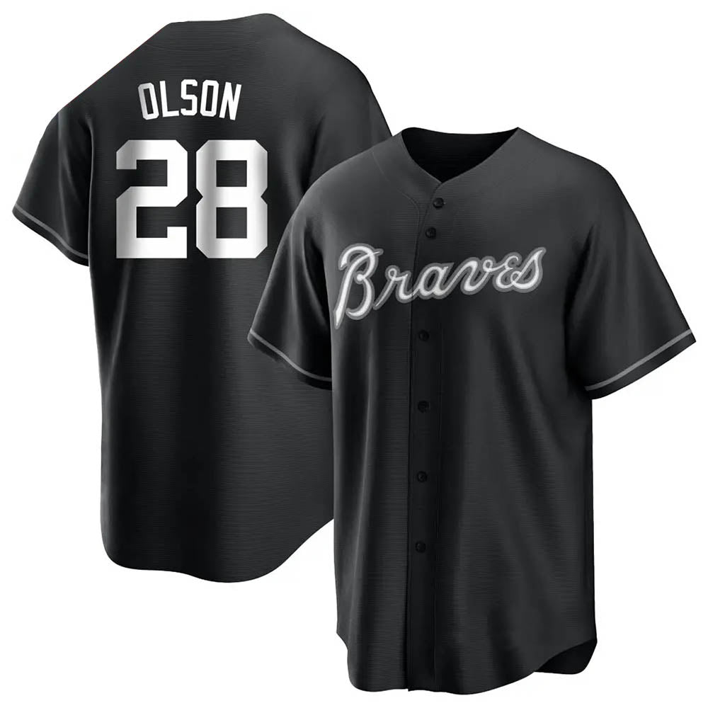 Fenge A.Braves #28 Matt Olson Player Black&White Replica Stitched Jerseys