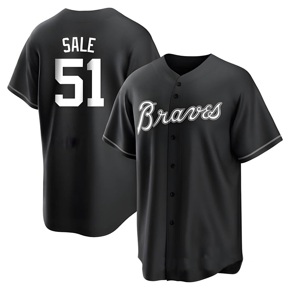 Fenge A.Braves #51 Chris Sale Player White&Black Replica Stitched Jerseys