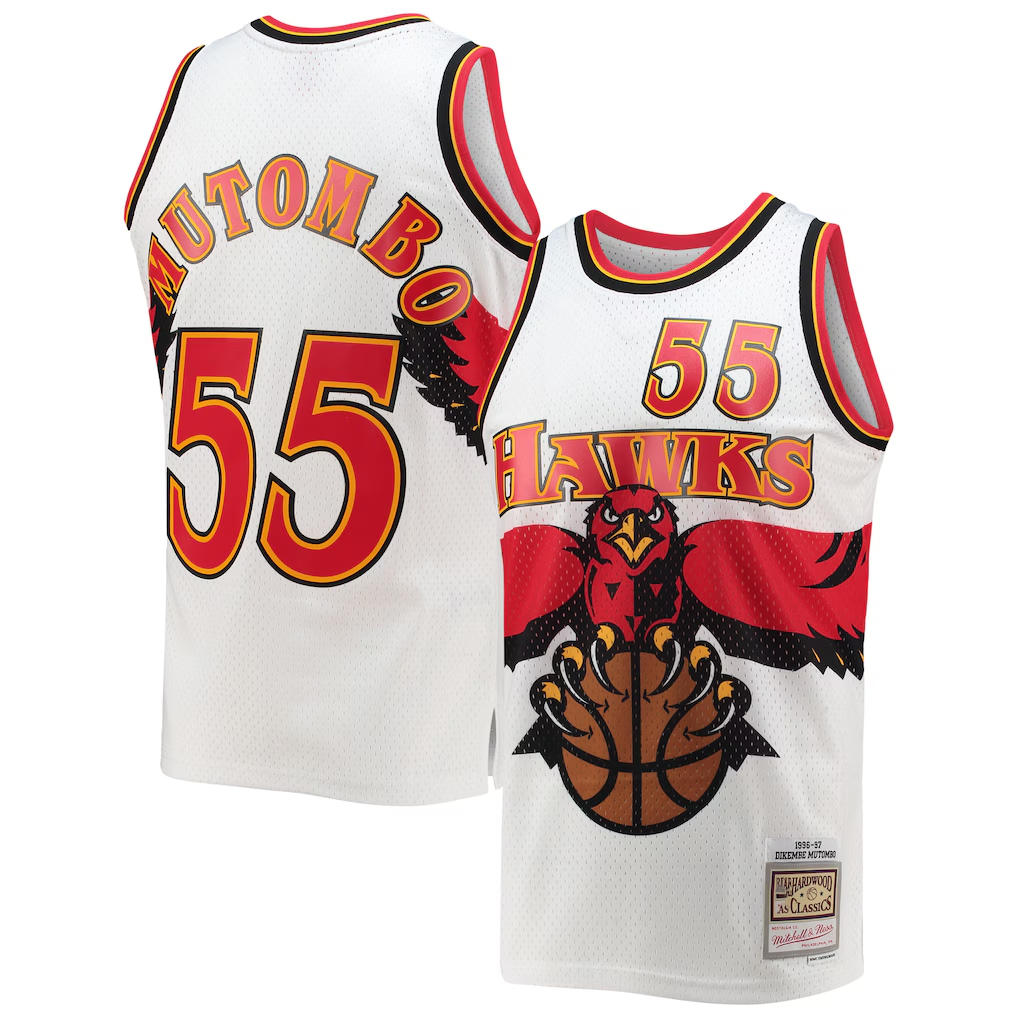 Fenge A.Hawks #55 Dikembe Mutombo Mitchell & Ness White 199697 Hardwood Classics Swingman Jerseys