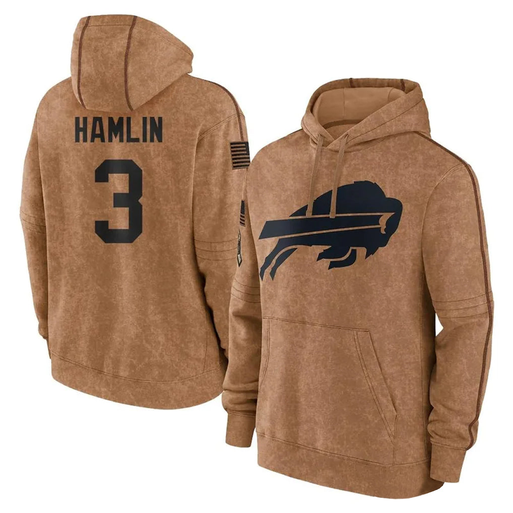 Fenge B.Bills #3 Damar Hamlin Player Brown Salute to Service Hoodies Stitched Jerseys