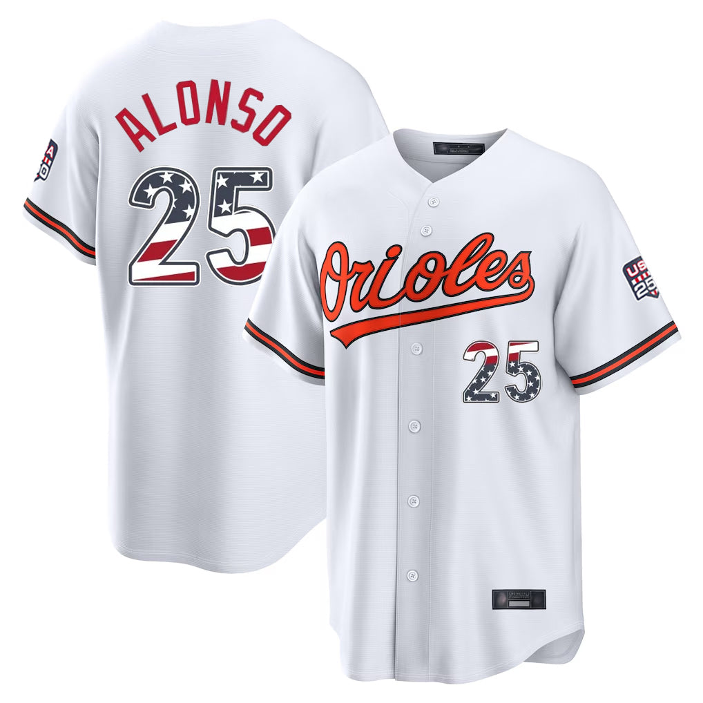 Fenge B.Orioles #25 Pete Alonso Player White USA 250 Fourth of July Home Game Stitched Jerseys