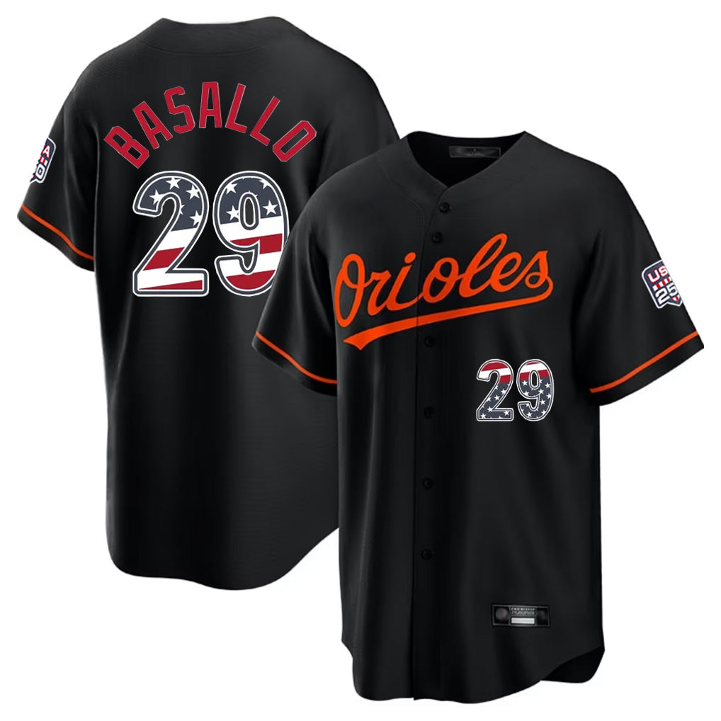 Fenge B.Orioles #29 Samuel Basallo Player Black USA 250 Fourth of July Home Game Stitched Jerseys