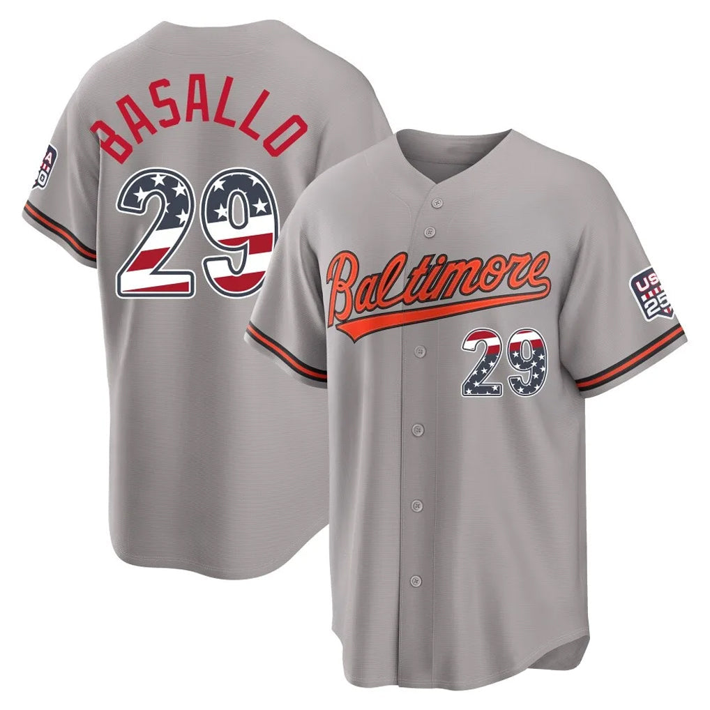 Fenge B.Orioles #29 Samuel Basallo Player Gray USA 250 Fourth of July Home Game Stitched Jerseys