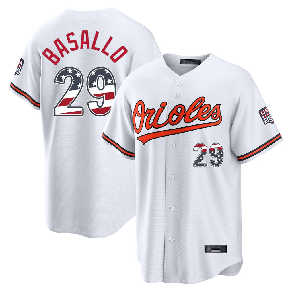 Fenge B.Orioles #29 Samuel Basallo Player White USA 250 Fourth of July Home Game Stitched Jerseys