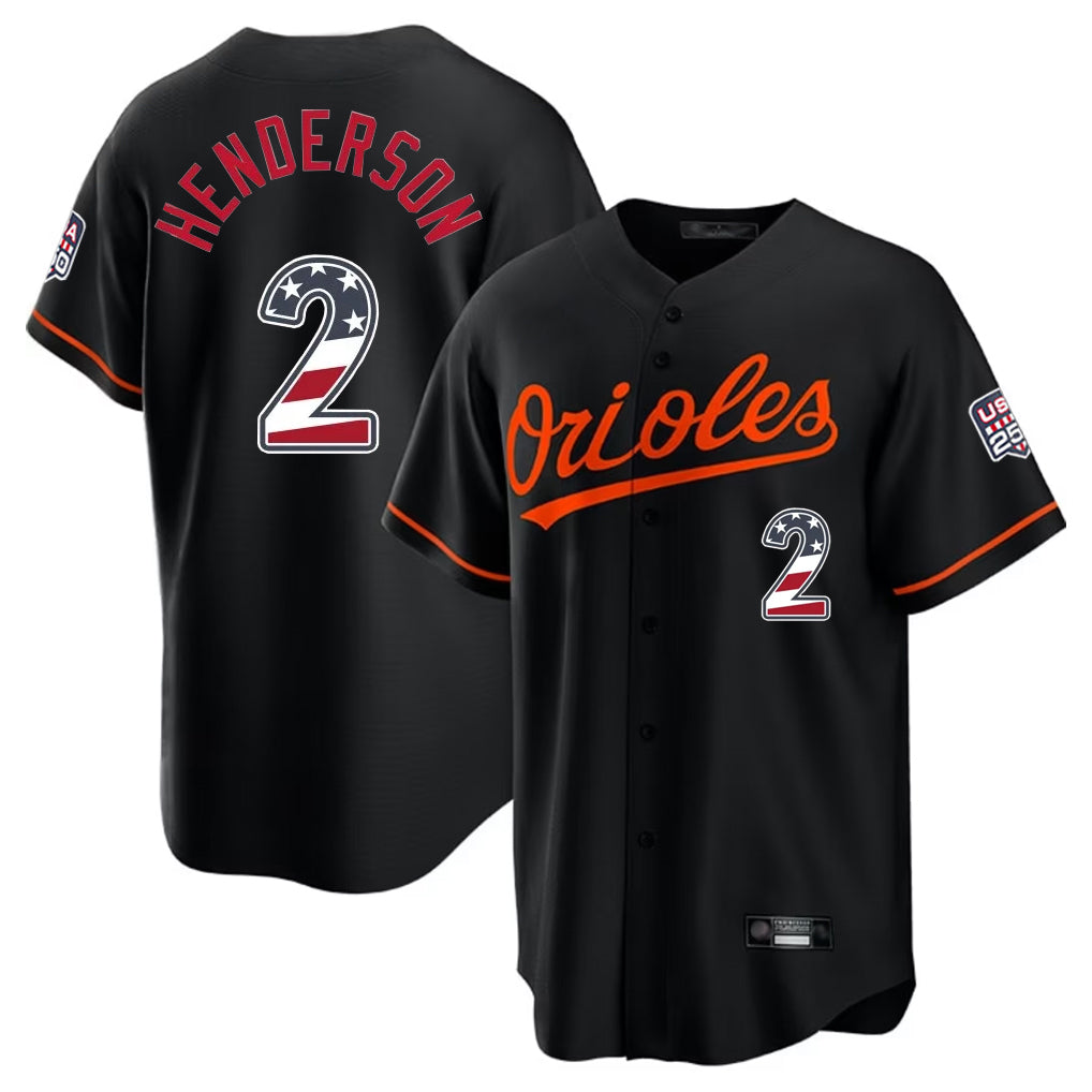 Fenge B.Orioles #2 Gunnar Henderson Player Black USA 250 Fourth of July Home Game Stitched Jerseys