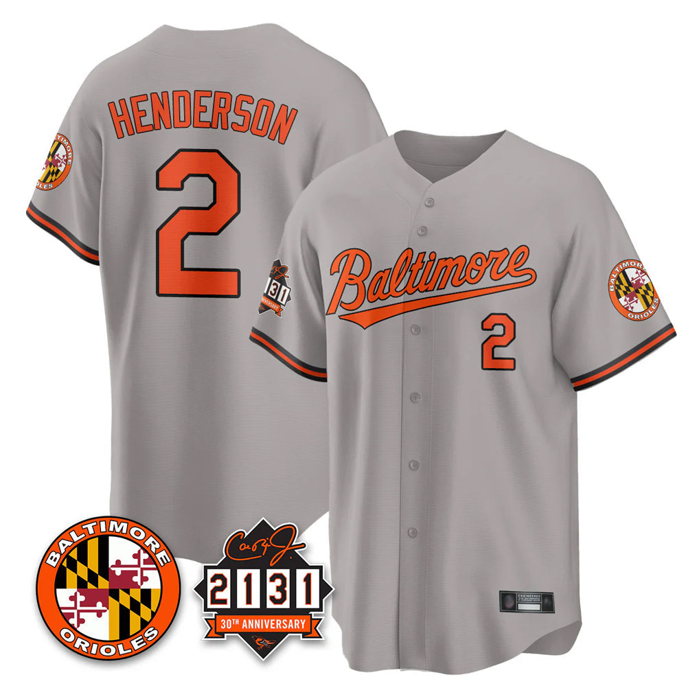 Fenge B.Orioles #2 Gunnar Henderson Player Gray 30th Anniversary of 2131 Home Game Stitched Jerseys