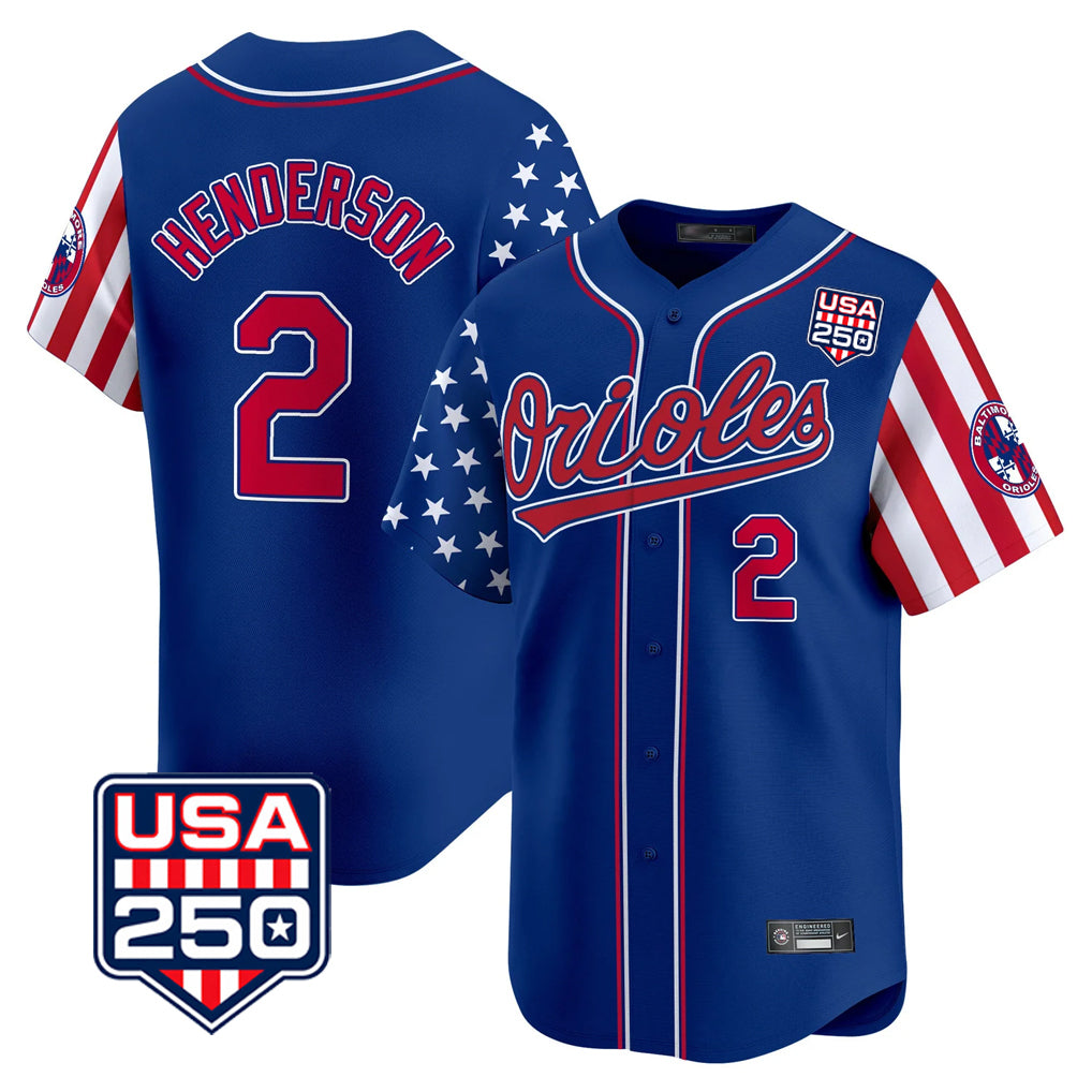 Fenge B.Orioles #2 Gunnar Henderson Player Royal USA 250 Independence Day Vapor Premier Limited Home Game Stitched Jerseys