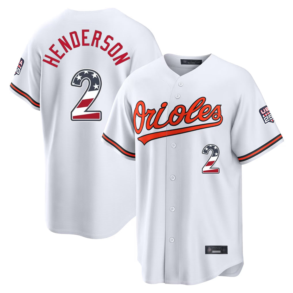 Fenge B.Orioles #2 Gunnar Henderson Player White USA 250 Fourth of July Home Game Stitched Jerseys