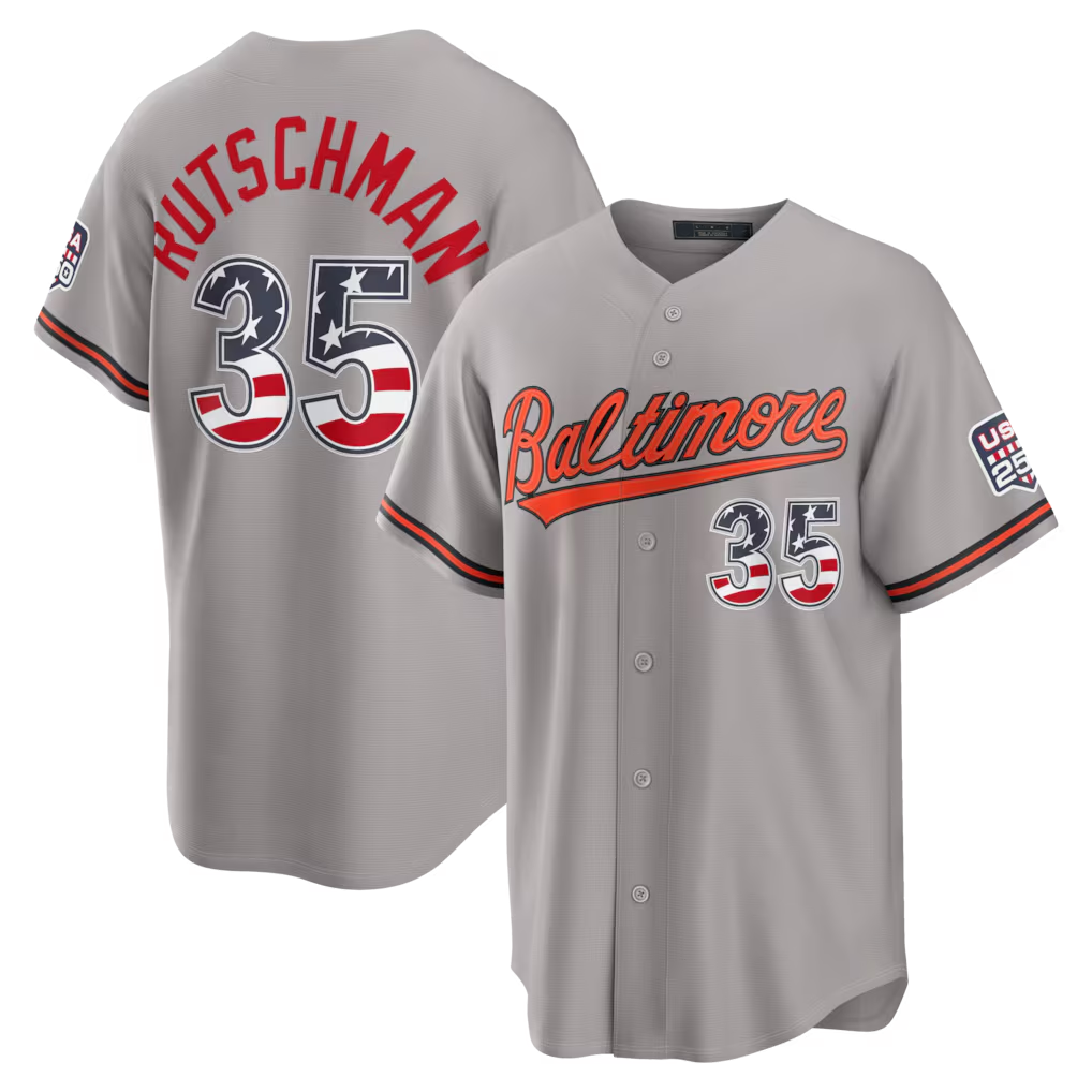 Fenge B.Orioles #35 Adley Rutschman Gray USA 250 Fourth of July Road Stadium Jersey