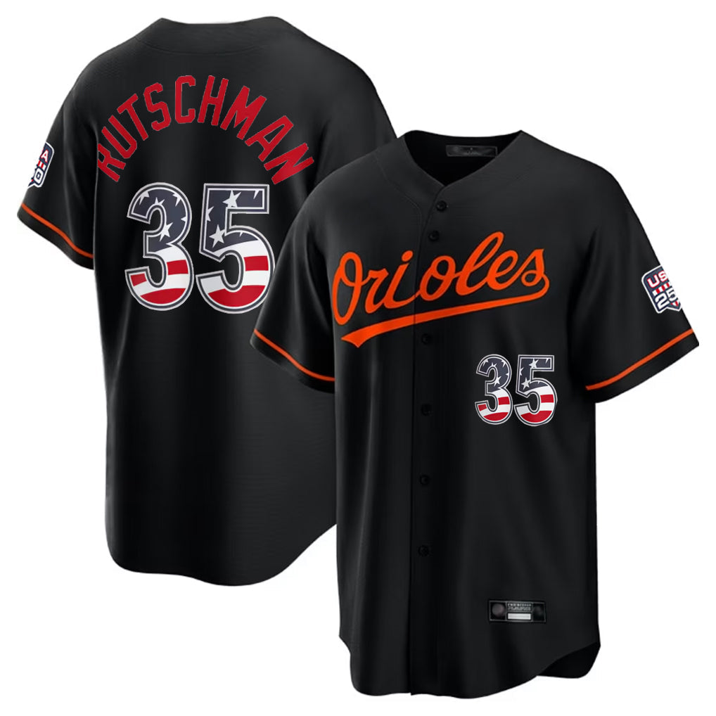 Fenge B.Orioles #35 Adley Rutschman Player Black USA 250 Fourth of July Home Game Stitched Jerseys