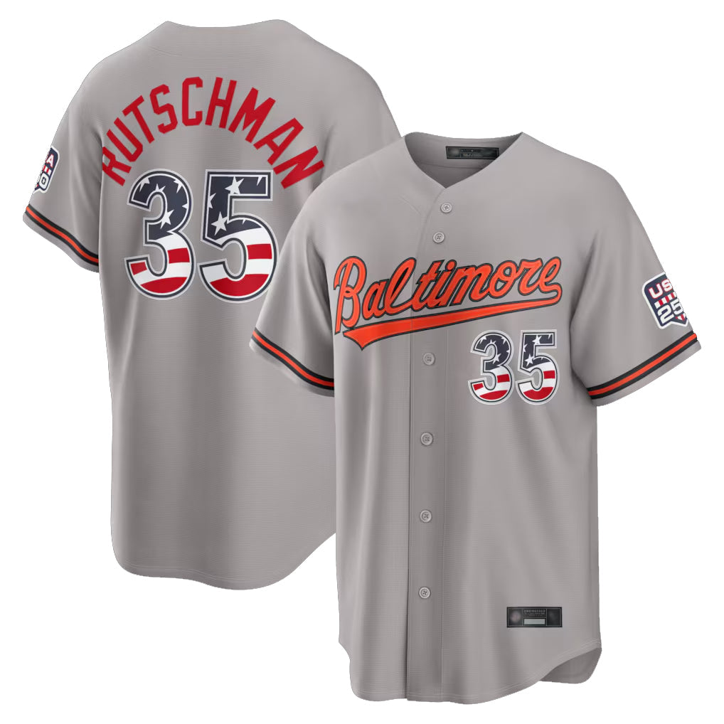 Fenge B.Orioles #35 Adley Rutschman Gray USA 250 Fourth of July Home Game Stitched Jerseys
