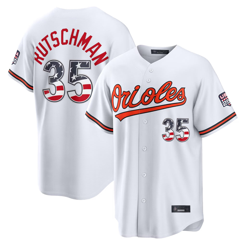 Fenge B.Orioles #35 Adley Rutschman Player White USA 250 Fourth of July Home Game Stitched Jerseys