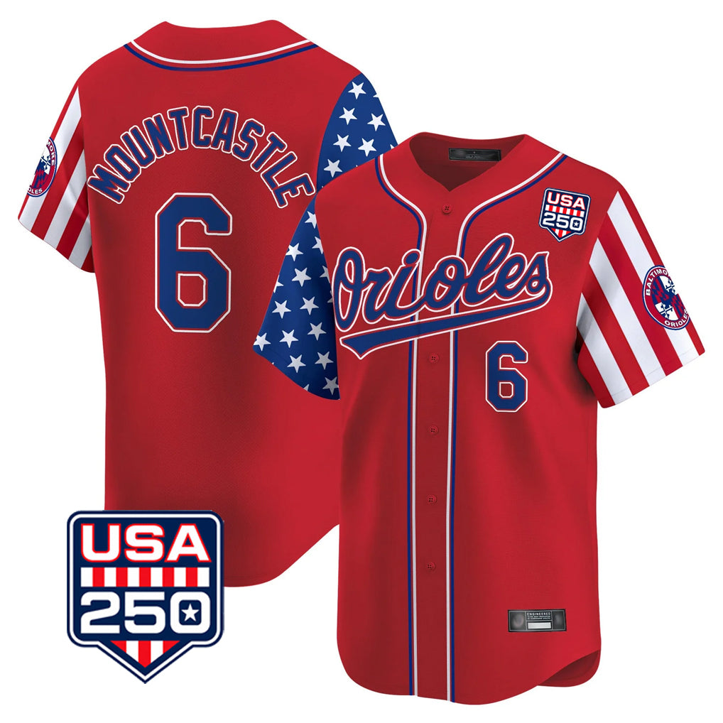 Fenge B.Orioles #6 Ryan Mountcastle Player Red USA 250 Independence Day Vapor Premier Limited Home Game Stitched Jerseys