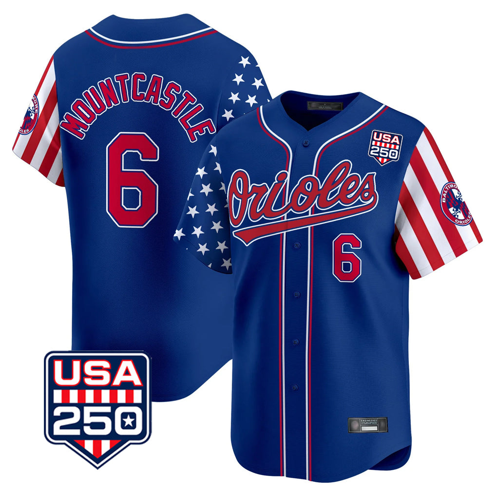 Fenge B.Orioles #6 Ryan Mountcastle Player Royal USA 250 Independence Day Vapor Premier Limited Home Game Stitched Jerseys
