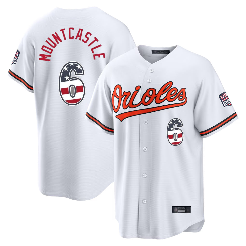 Fenge B.Orioles #6 Ryan Mountcastle Player White USA 250 Fourth of July Home Game Stitched Jerseys