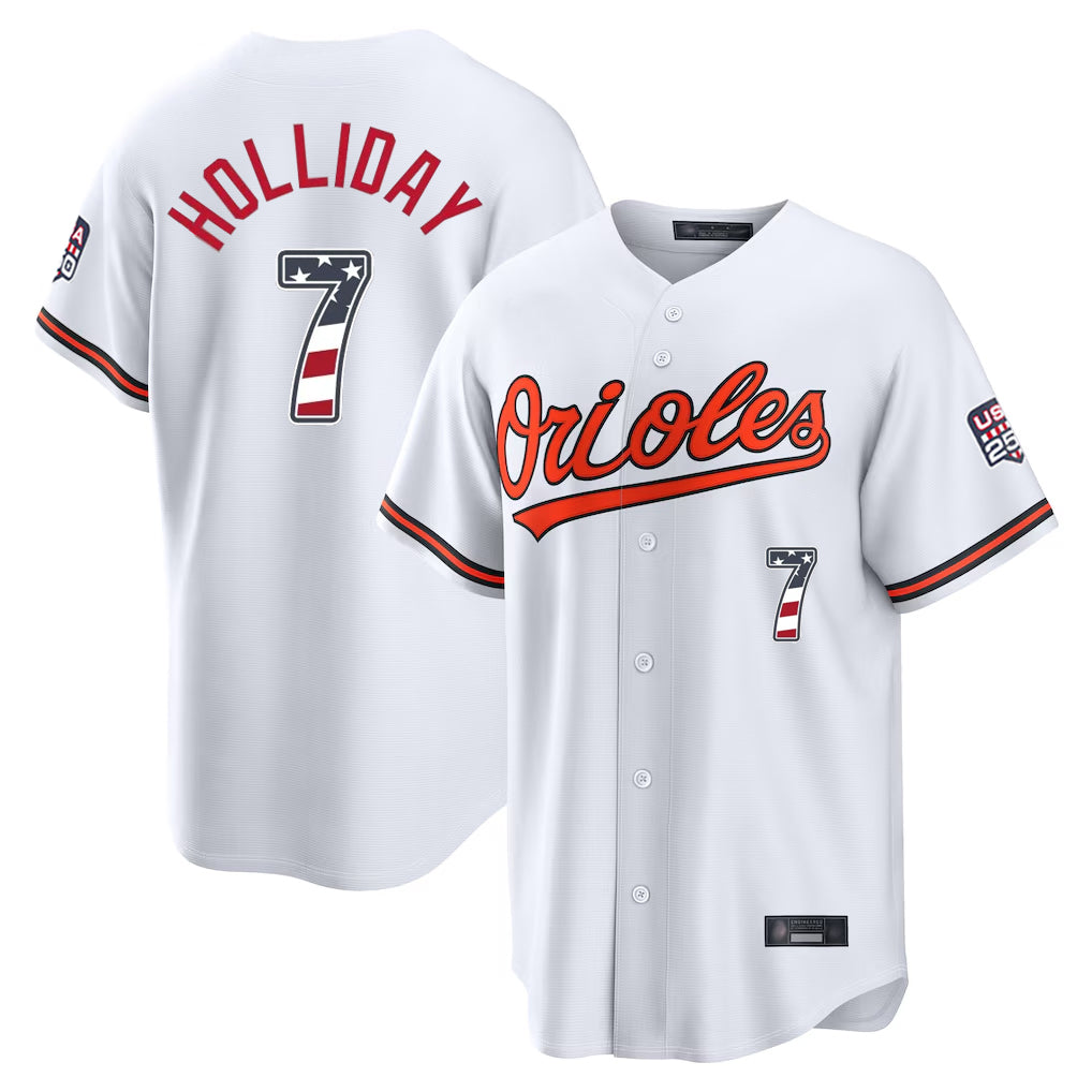 Fenge B.Orioles #7 Jackson Holliday Player White USA 250 Fourth of July Home Game Stitched Jerseys
