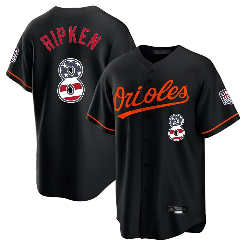 Fenge B.Orioles #8 Cal Ripken Player Black USA 250 Fourth of July Home Game Stitched Jerseys