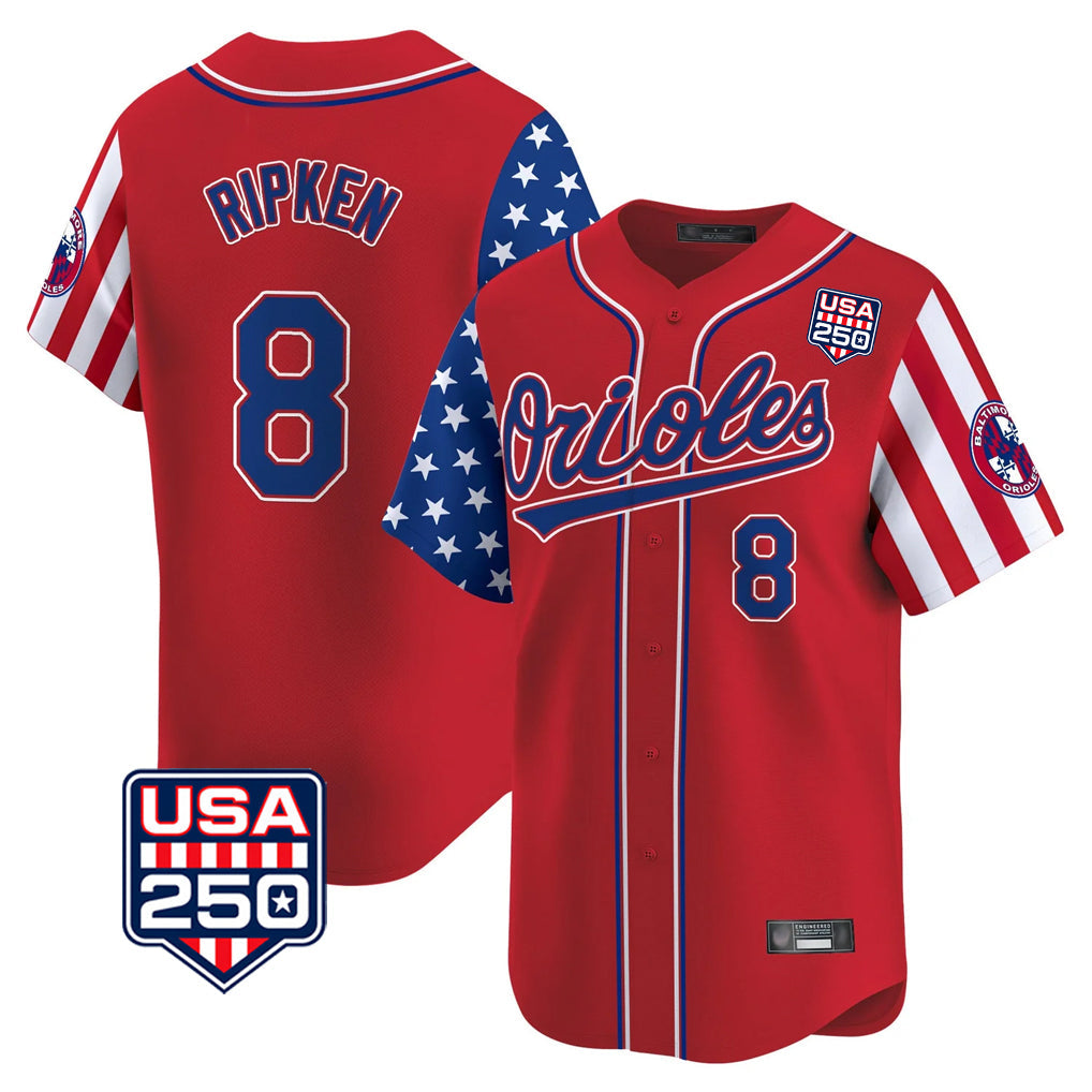 Fenge B.Orioles #8 Cal Ripken Player Red USA 250 Independence Day Vapor Premier Limited Home Game Stitched Jerseys