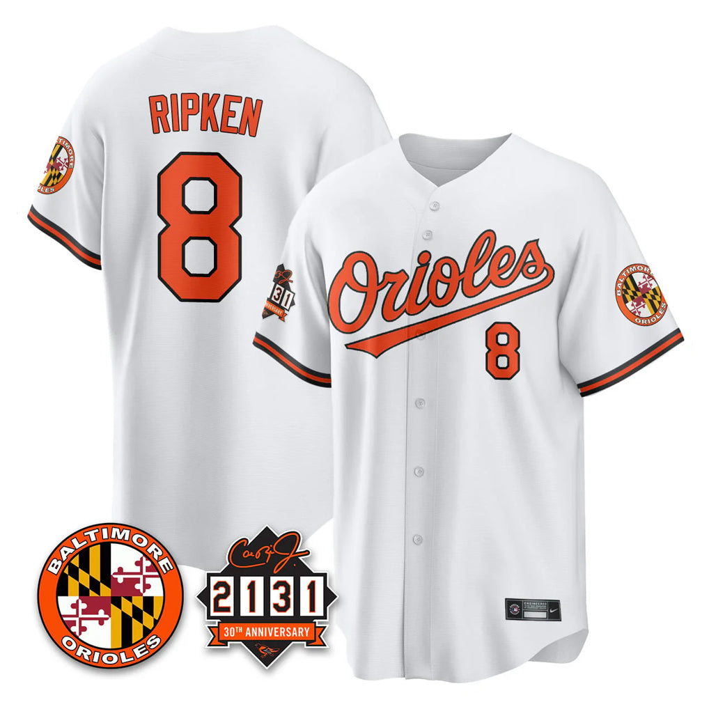 Fenge B.Orioles #8 Cal Ripken Player White 30th Anniversary of 2131 Home Game Stitched Jerseys