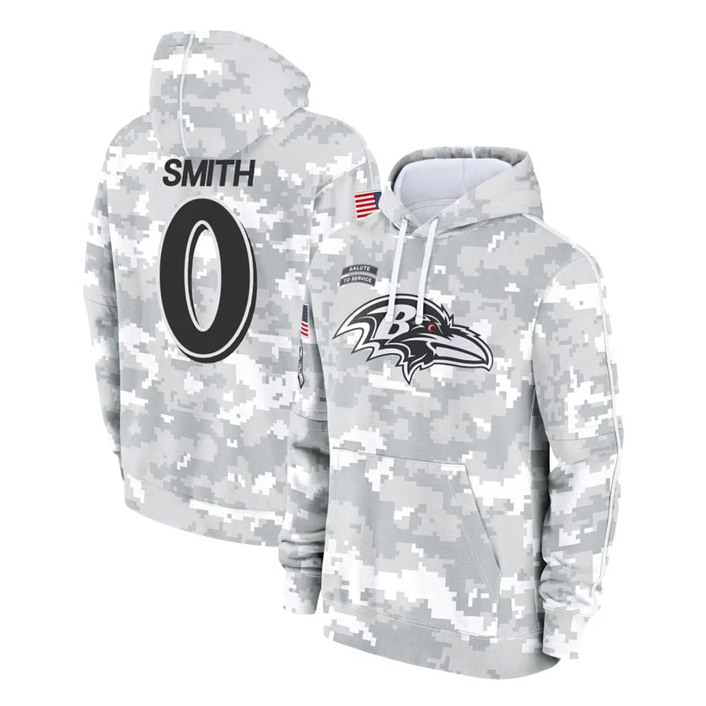 Fenge B.Ravens #0 Roquan Smith Player Arctic Camo Salute to Service Pullover Hoodie Stitched Jerseys
