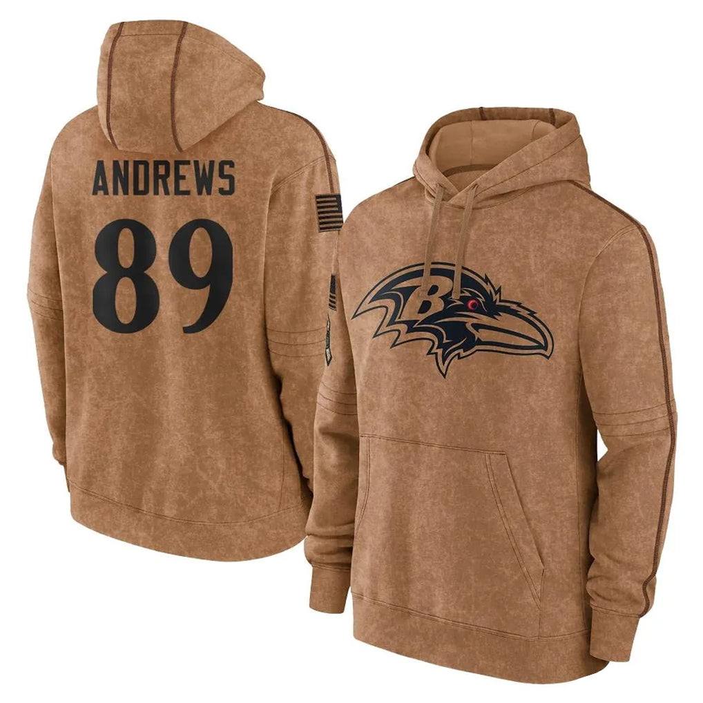 Fenge B.Ravens #89 Mark Andrews Player Brown Salute to Service Pullover Hoodie Stitched Jerseys
