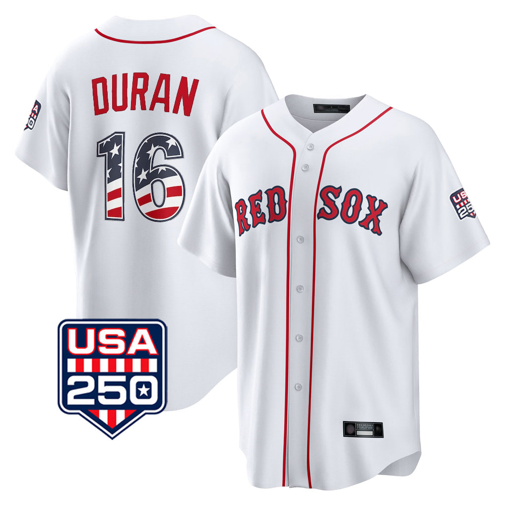 Fenge B.Red Sox #16 Jarren Duran Player White USA 250 Fourth of July Home Game Stitched Jerseys