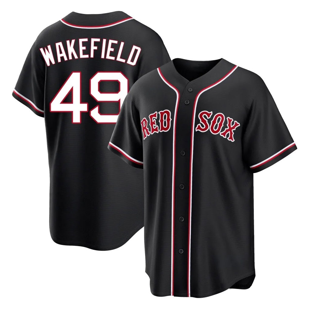 Fenge B.Red Sox #49 Tim Wakefield Player Black Out Home Game Stitched Jerseys