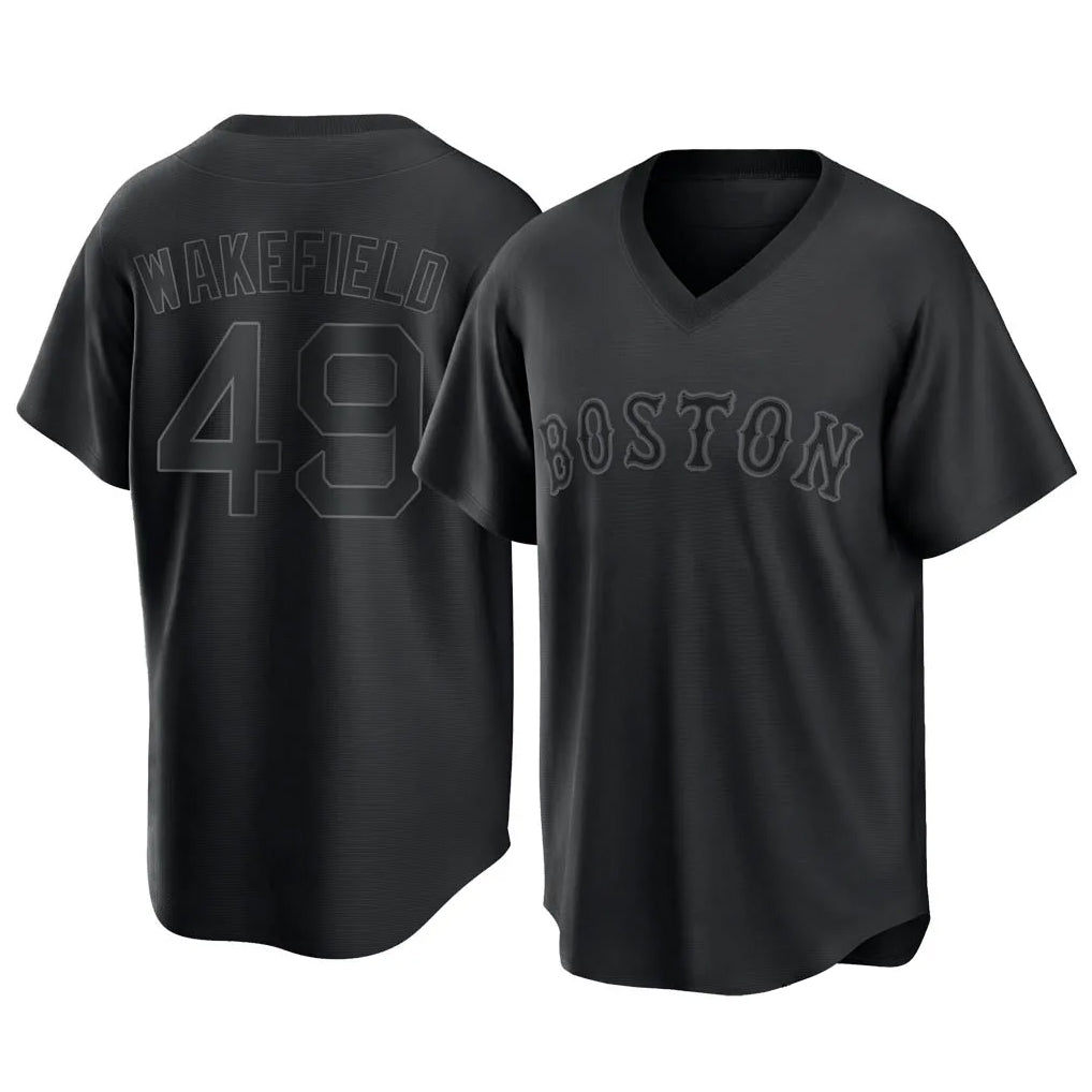 Fenge B.Red Sox #49 Tim Wakefield Player Black T-shirt Home Game Stitched Jerseys