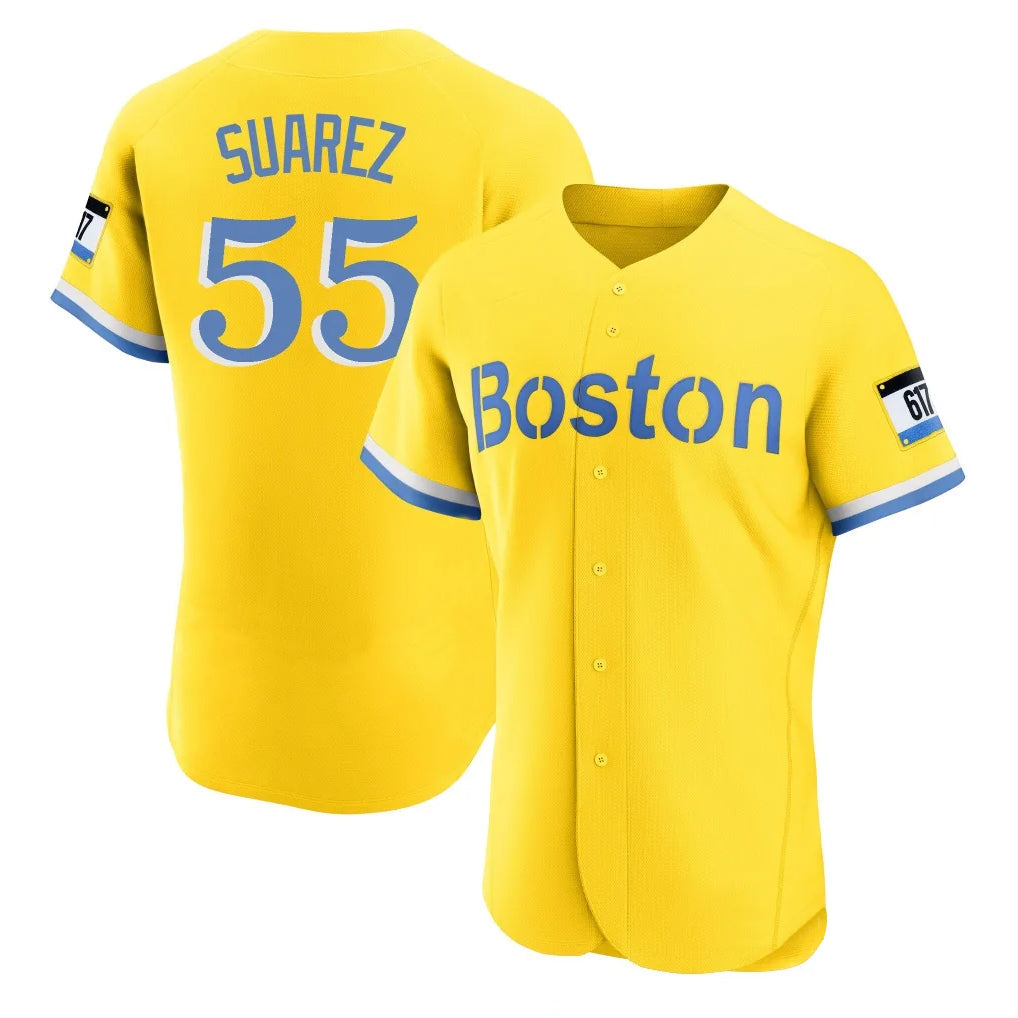 Fenge B.Red Sox #55 Ranger Su¡§¡érez Player Yellow Limited Elite Home Game Stitched Jerseys