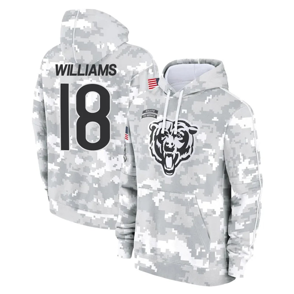 Fenge C.Bears #18 Caleb Williams Player Arctic Camo Salute to Service Pullover Hoodies Limited Stitched Jerseys