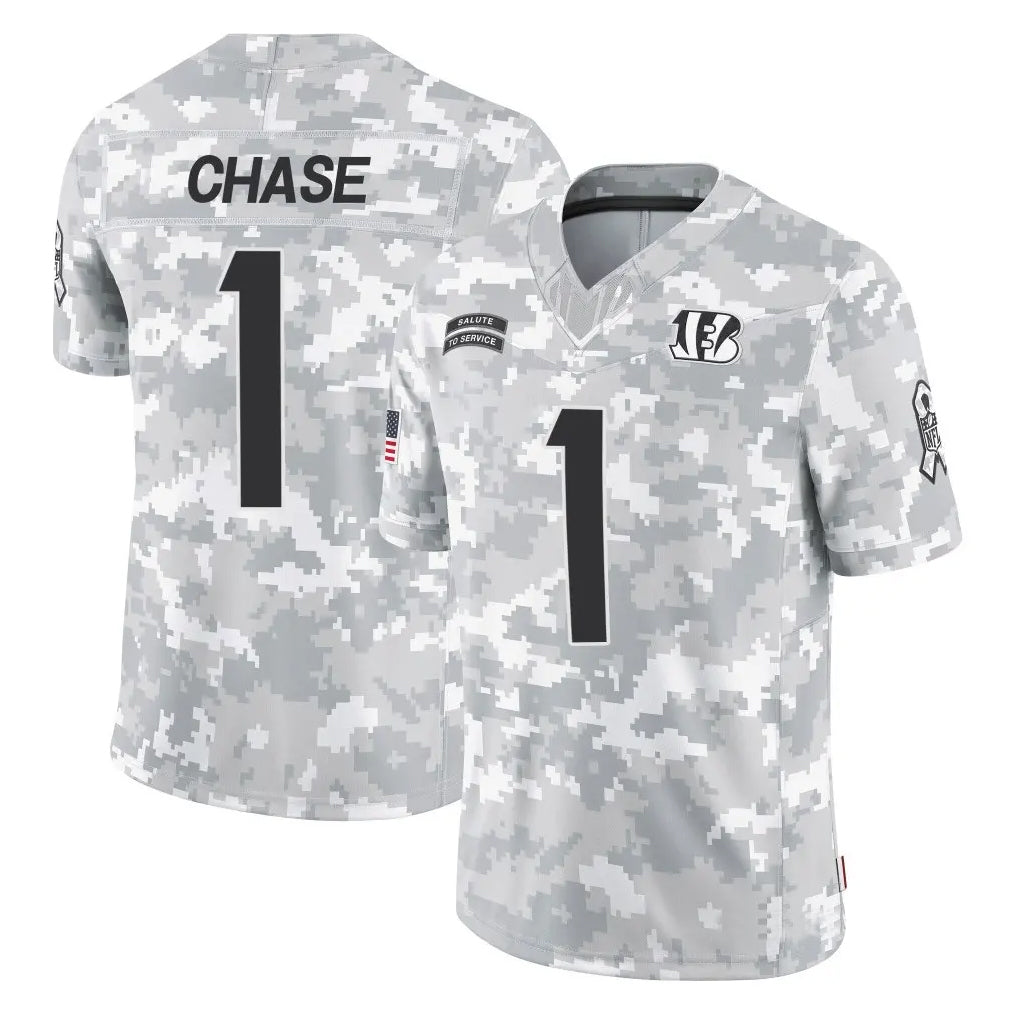 Fenge C.Bengals #1 Ja'Marr Chase Player Arctic Camo Salute to Service Limited Stitched Jerseys
