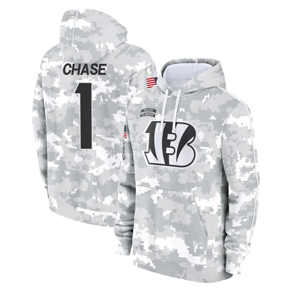 Fenge C.Bengals #1 Ja'Marr Chase Player Arctic Camo Salute to Service Pullover Hoodie Limited Stitched Jerseys