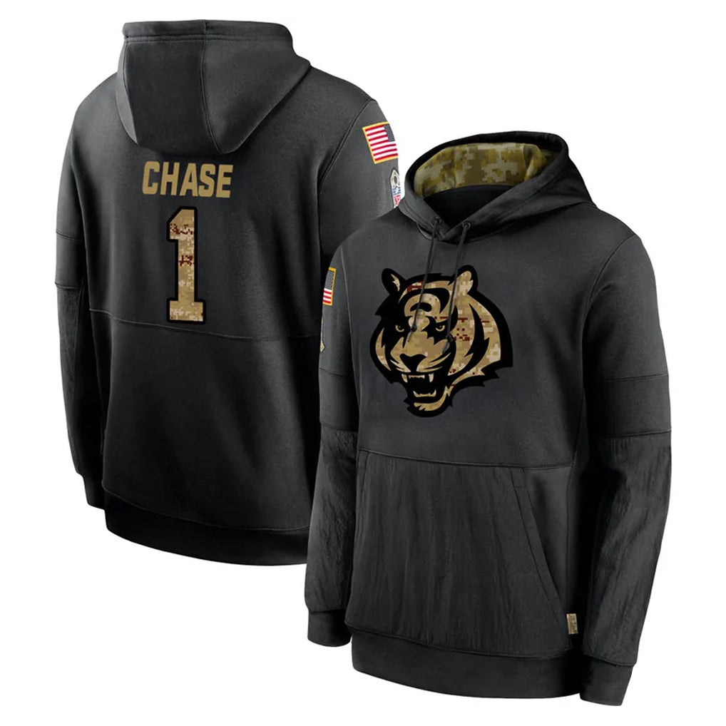 Fenge C.Bengals #1 Ja'Marr Chase Player Black Salute to Service Pullover Hoodies Limited Stitched Jerseys