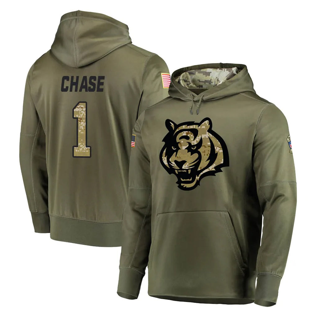 Fenge C.Bengals #1 Ja'Marr Chase Player Olive Salute to Service Pullover Hoodies Home Game Stitched Jerseys