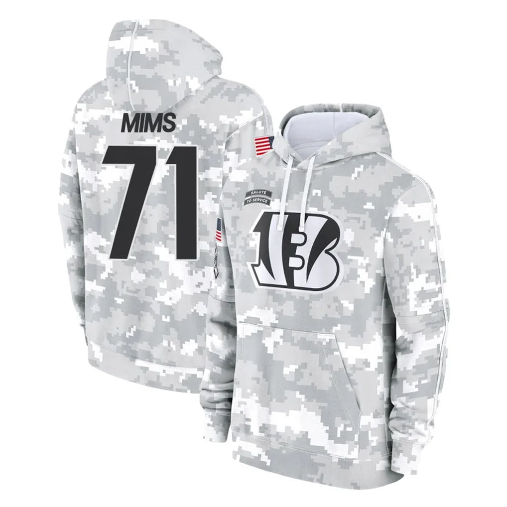 Fenge C.Bengals #71 Amarius Mims Player Arctic Camo Salute to Service Pullover Hoodie Limited Stitched Jerseys
