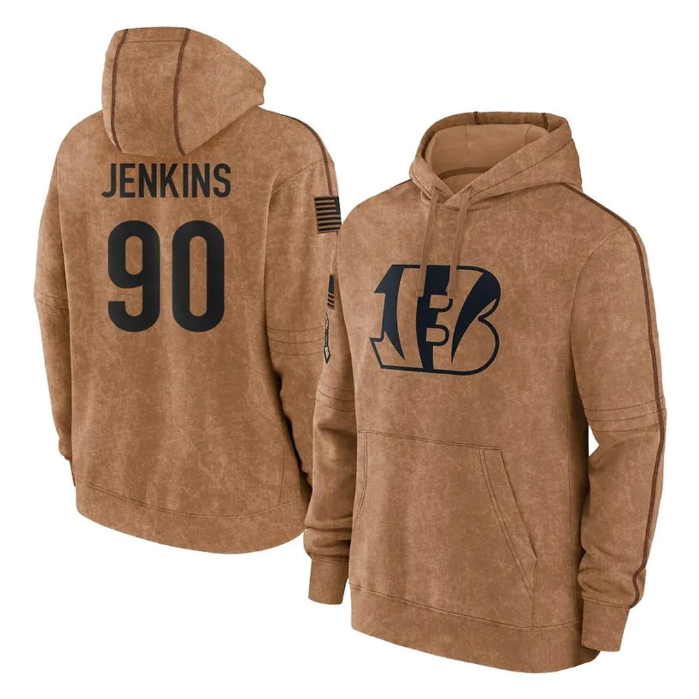 Fenge C.Bengals #90 Kris Jenkins Jr Player Brown Salute to Service Pullover Hoodie Limited Stitched Jerseys