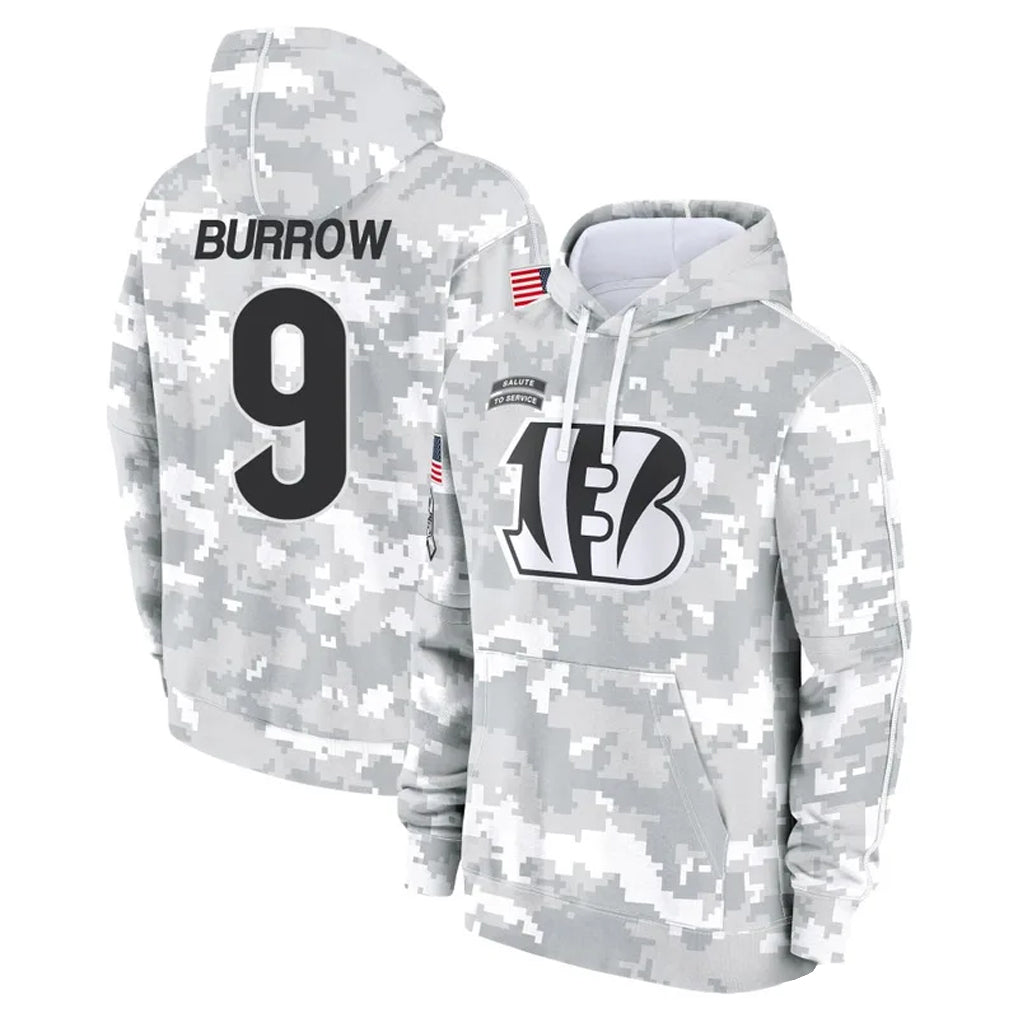 Fenge C.Bengals #9 Joe Burrow Player Arctic Camo Salute to Service Pullover Hoodie Stitched Jerseys