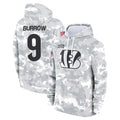 Fenge C.Bengals #9 Joe Burrow Player Arctic Camo Salute to Service Pullover Hoodie Stitched Jerseys