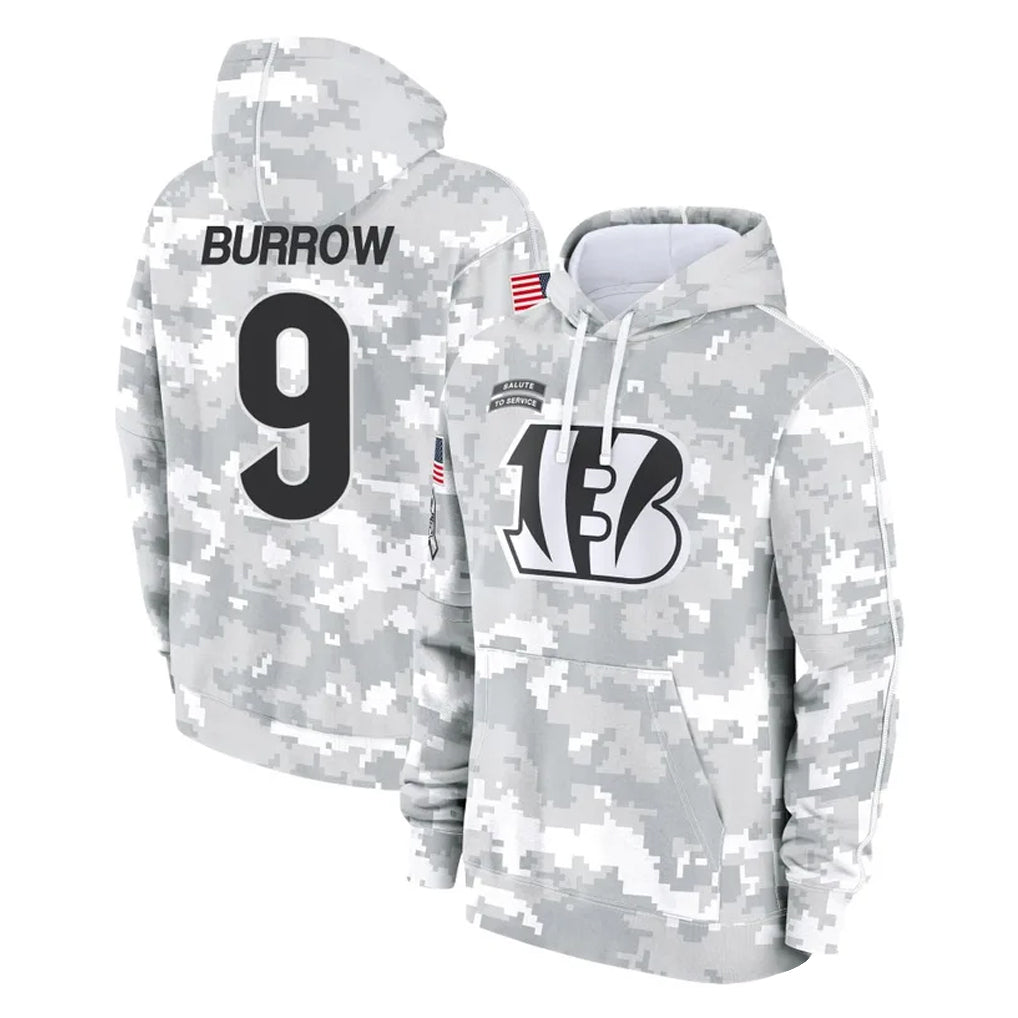 Fenge C.Bengals #9 Joe Burrow Player Arctic Camo Salute to Service Pullover Hoodie Limited Stitched Jerseys