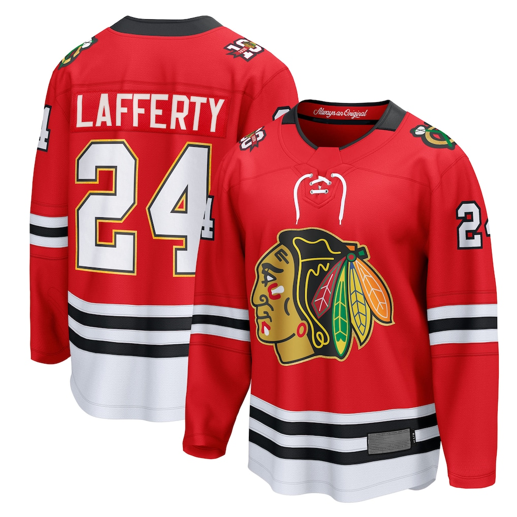 Fenge C.Blackhawks #24 Sam Lafferty Red Centennial Breakaway Player Jerseys