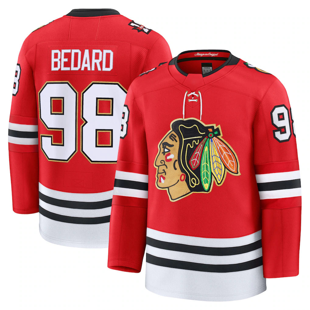 Fenge C.Blackhawks #98 Connor Bedard Red Centennial Premium Player Jerseys