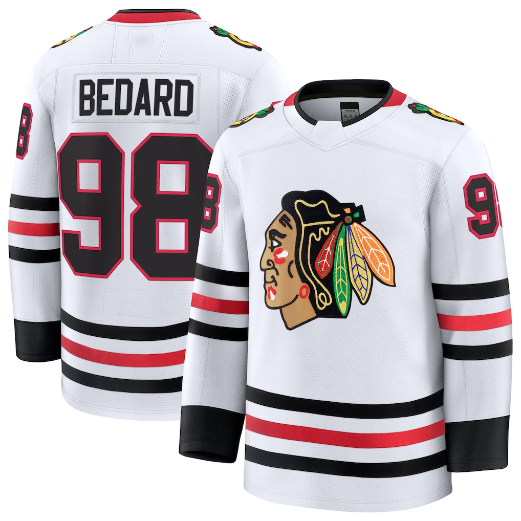 Fenge C.Blackhawks #98 Connor Bedard White Away Premium Jerseys